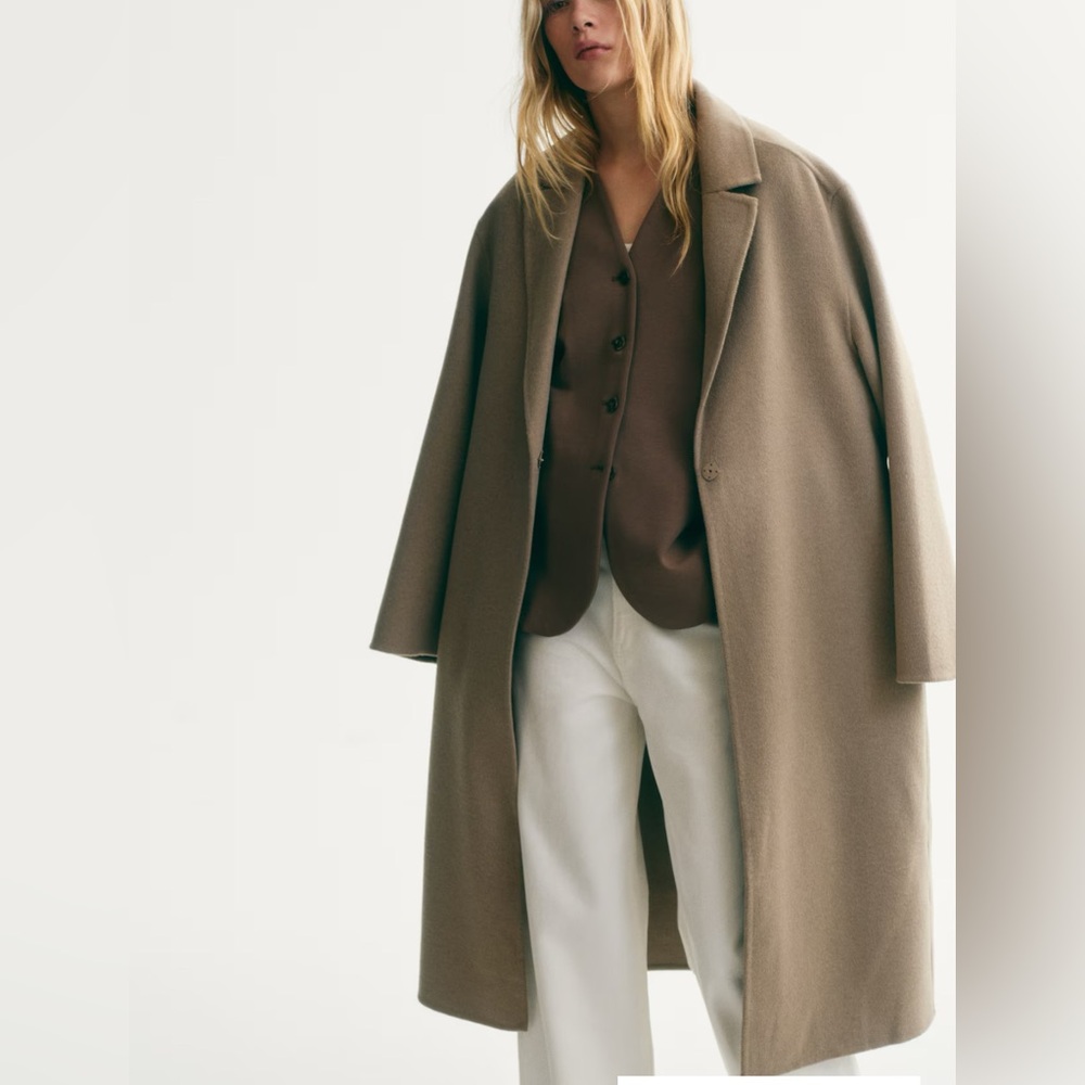 H&M Elegant Dark Beige Double Breasted Calf Length Wool Blend Coat Size XL, NWT - Picture 1 of 6